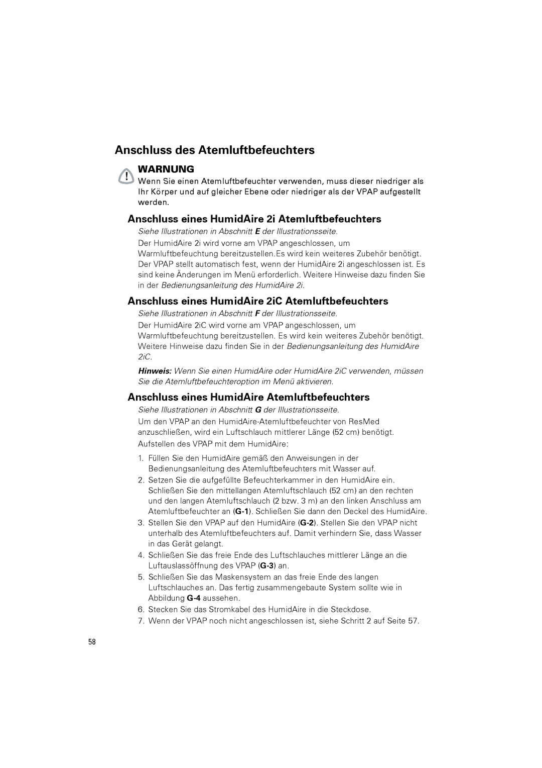 ResMed III & III ST user manual Anschluss des Atemluftbefeuchters, Anschluss eines HumidAire 2i Atemluftbefeuchters 