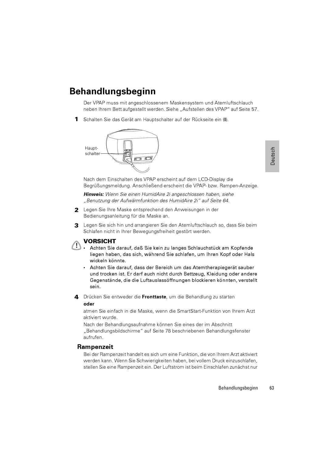 ResMed III & III ST user manual Behandlungsbeginn, Rampenzeit 