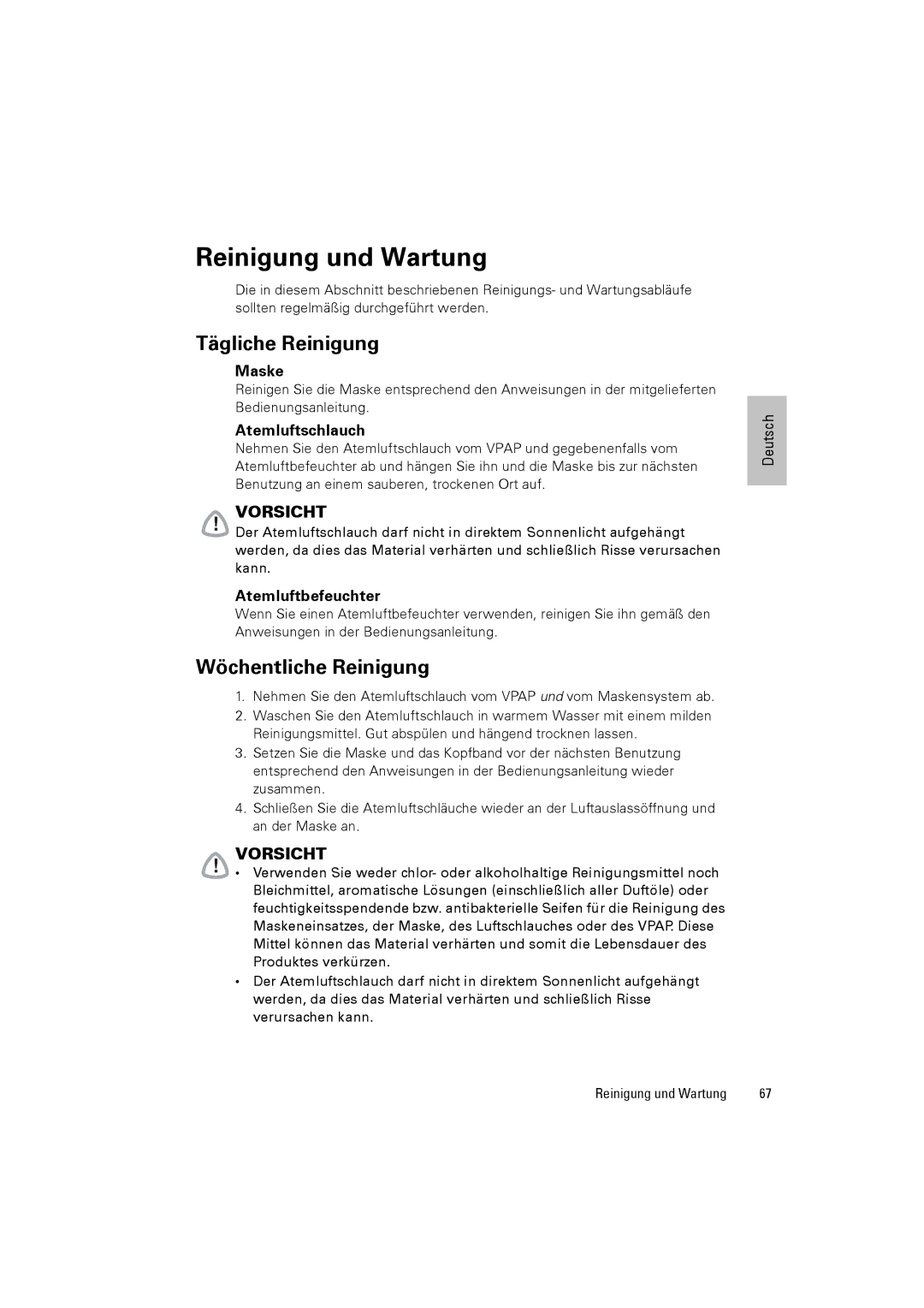 ResMed III & III ST user manual Reinigung und Wartung, Tägliche Reinigung, Wöchentliche Reinigung 