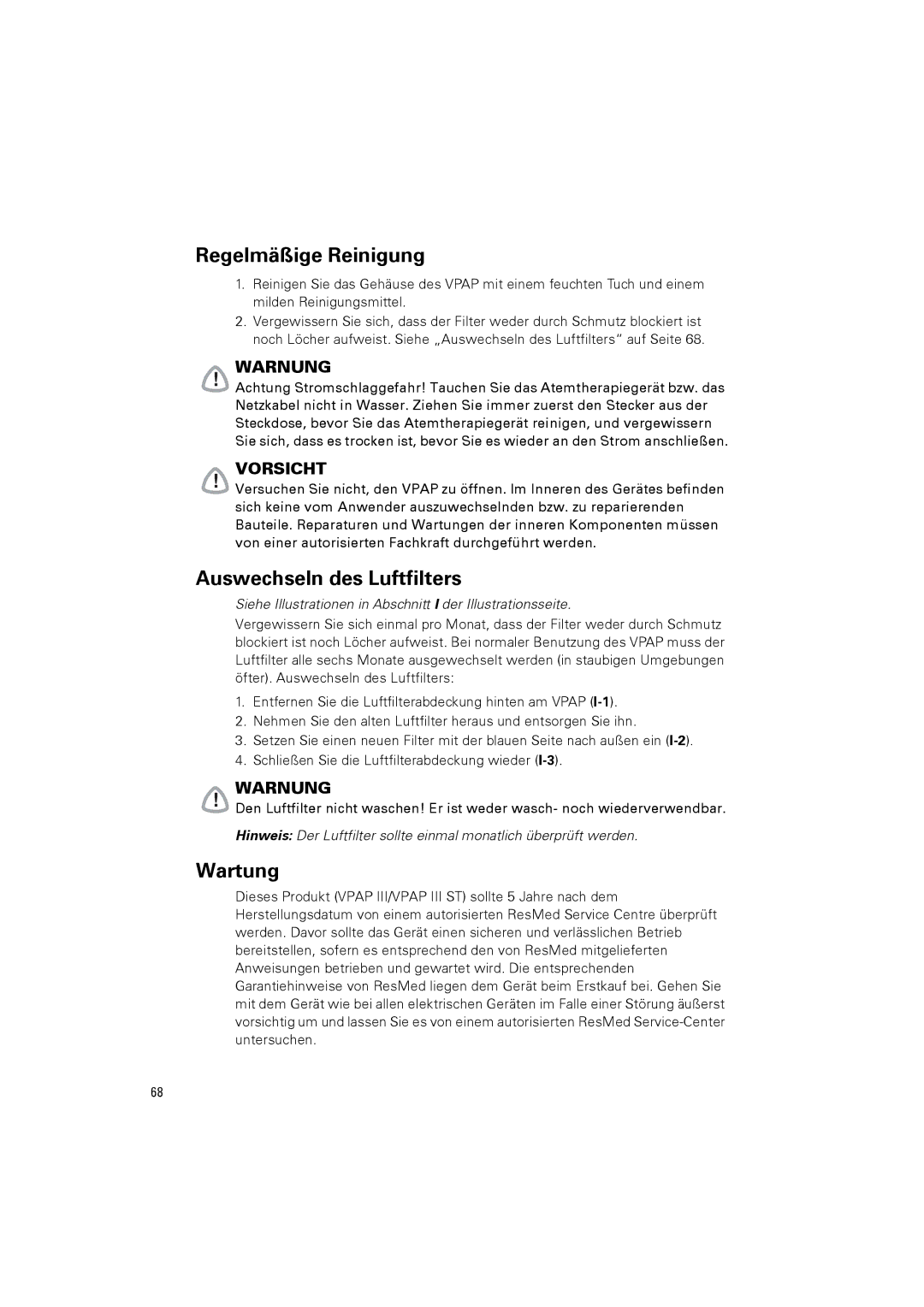 ResMed III & III ST user manual Regelmäßige Reinigung, Auswechseln des Luftfilters, Wartung 