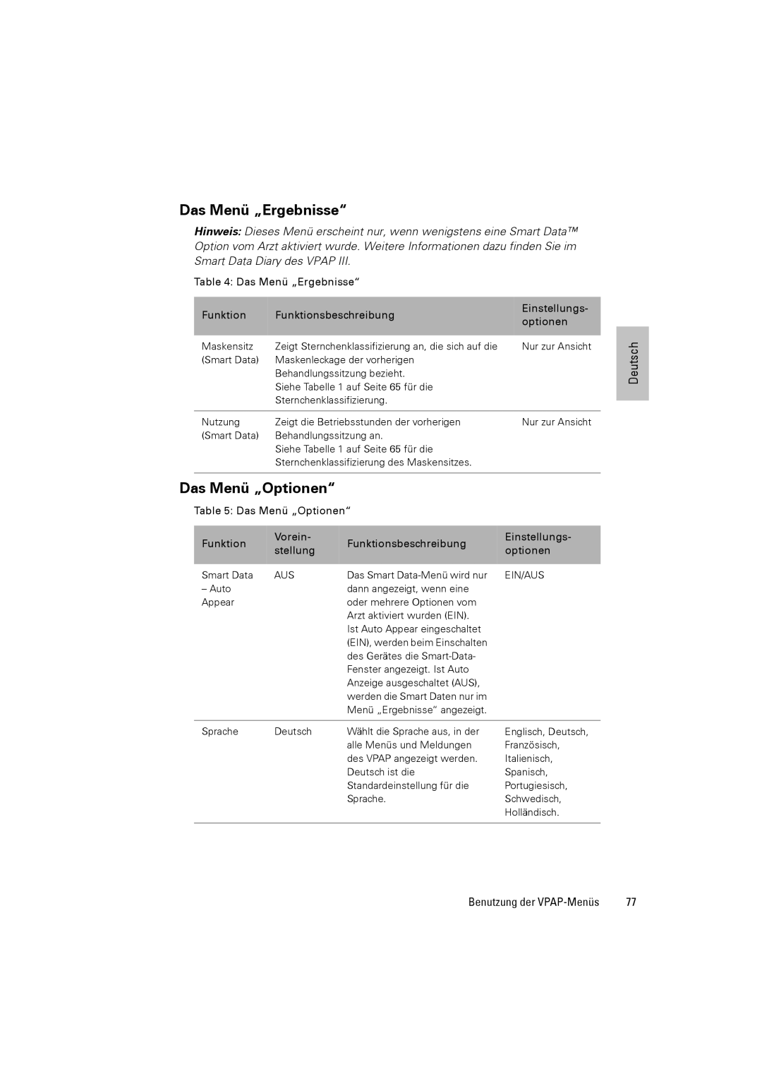 ResMed III & III ST user manual Das Menü „Ergebnisse, Das Menü „Optionen 