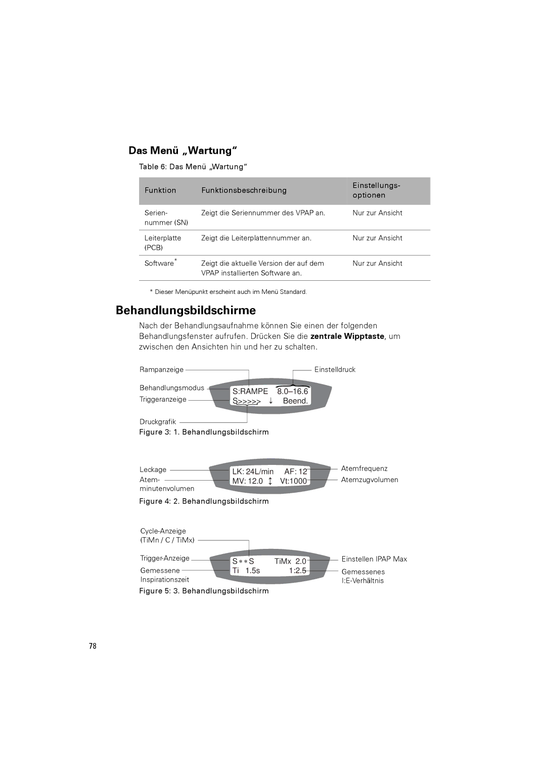 ResMed III & III ST user manual Behandlungsbildschirme, Das Menü „Wartung 