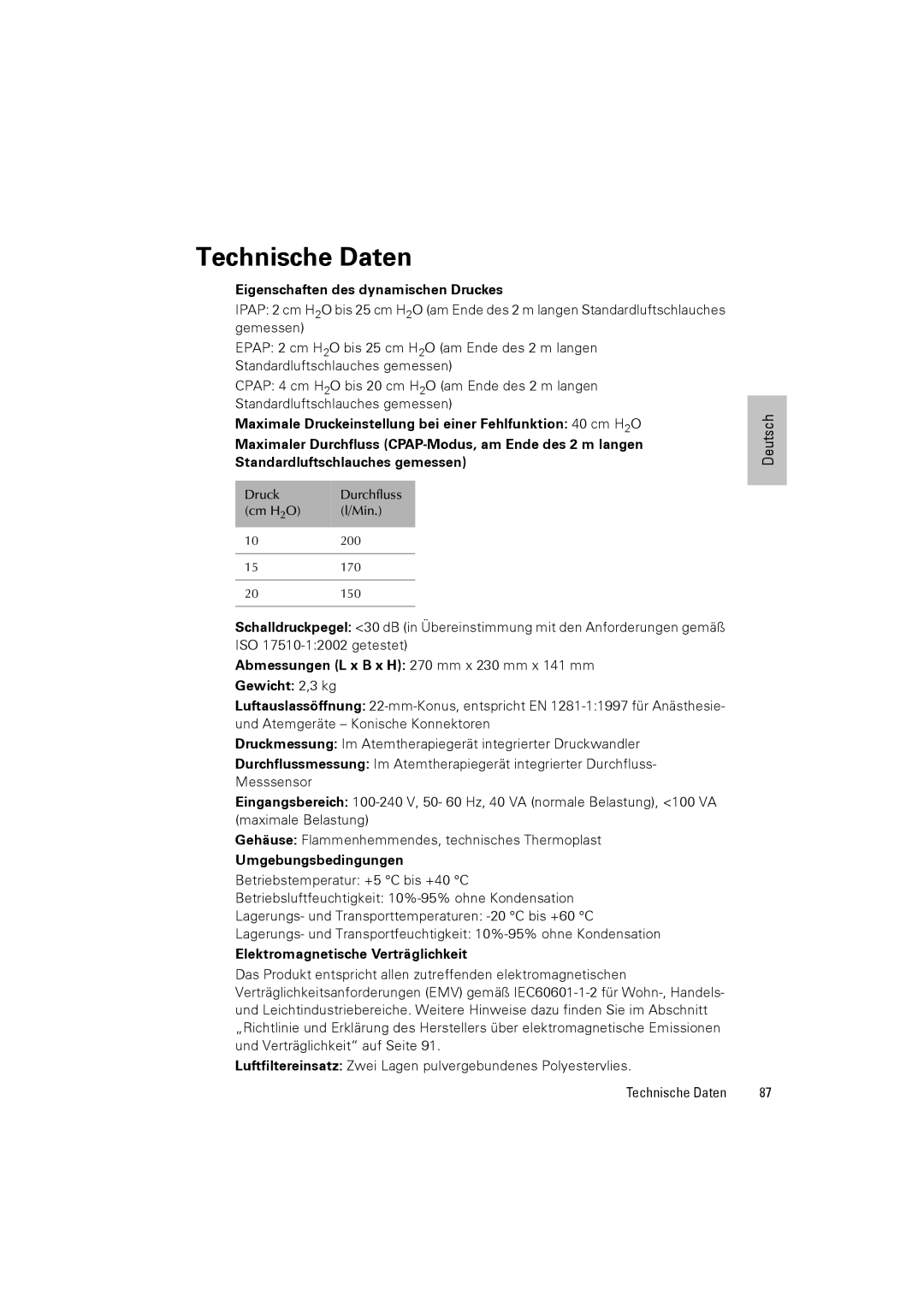 ResMed III & III ST user manual Technische Daten, Eigenschaften des dynamischen Druckes, Elektromagnetische Verträglichkeit 