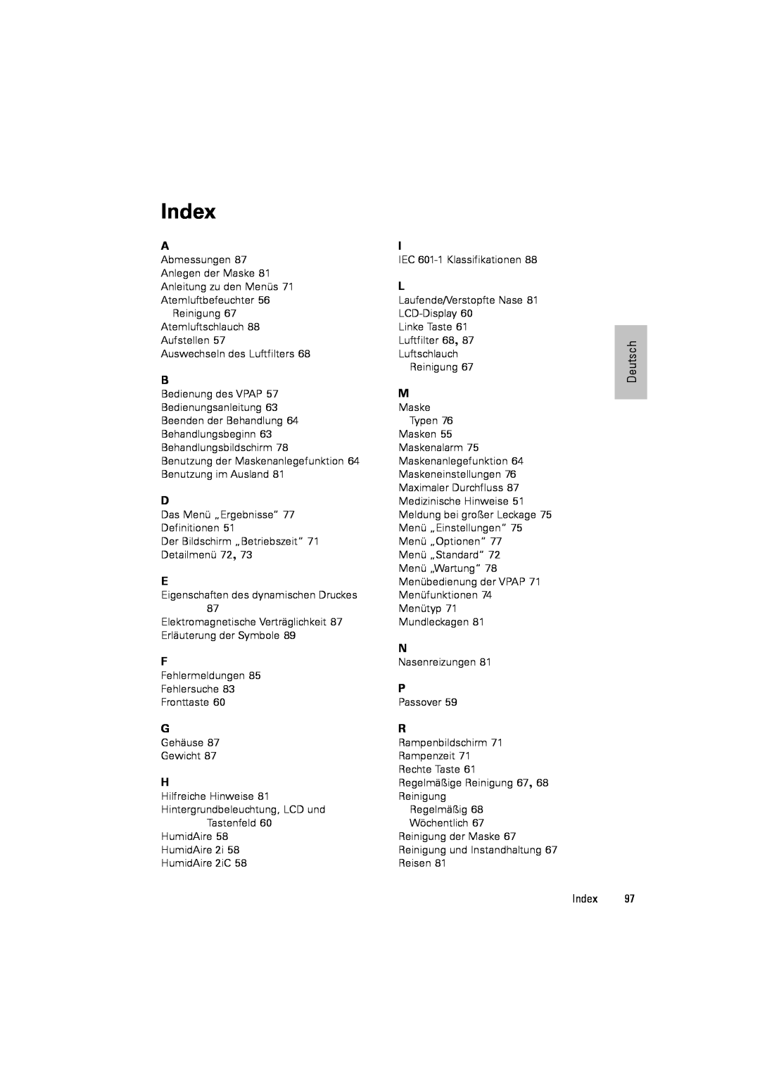 ResMed III & III ST user manual Index, Reinigung 