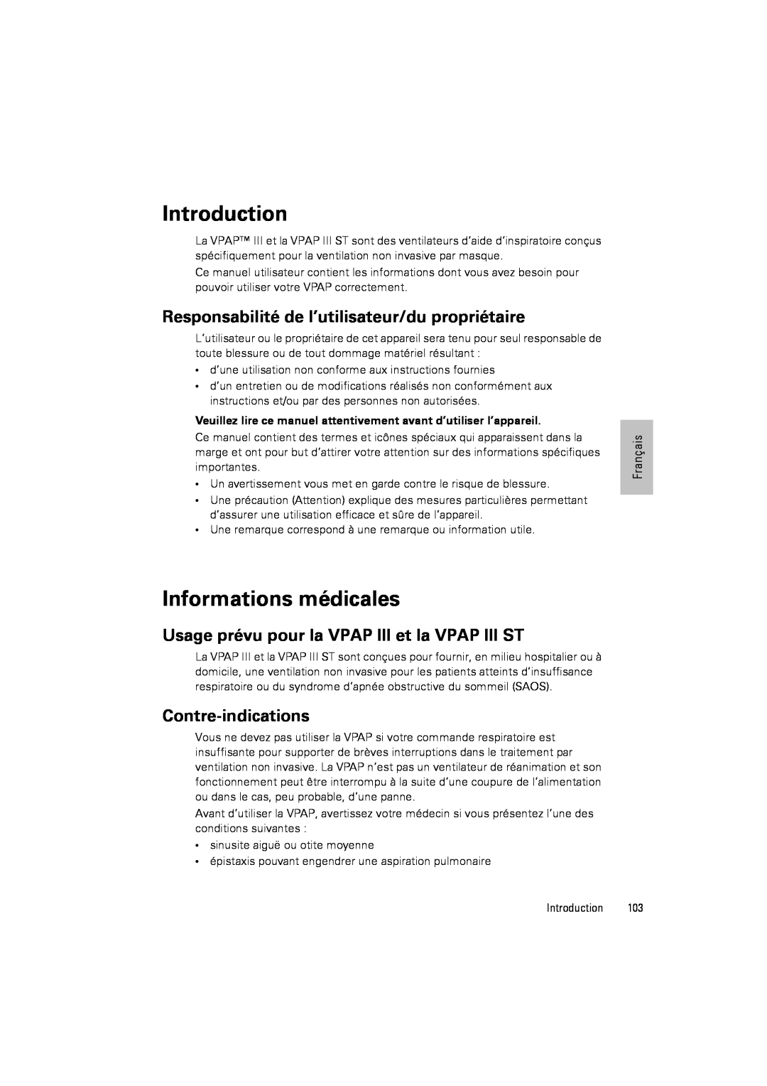 ResMed III & III ST user manual Informations médicales, Introduction, Responsabilité de l’utilisateur/du propriétaire 