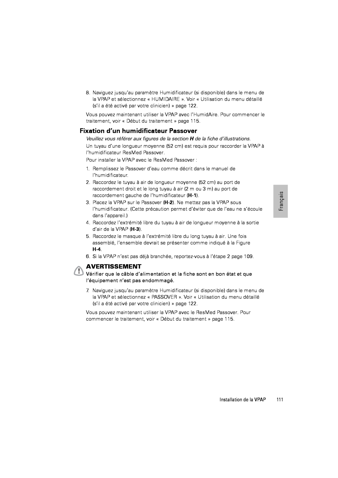 ResMed III & III ST user manual Fixation d’un humidificateur Passover, Avertissement 