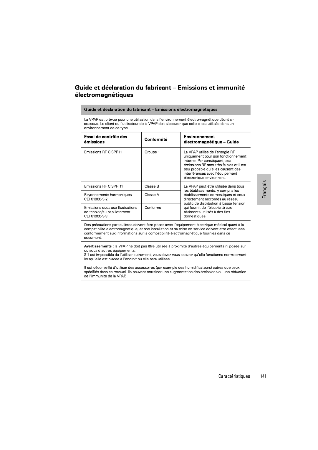 ResMed III & III ST user manual Essai de contrôle des, Conformité, Environnement, émissions, électromagnétique – Guide 