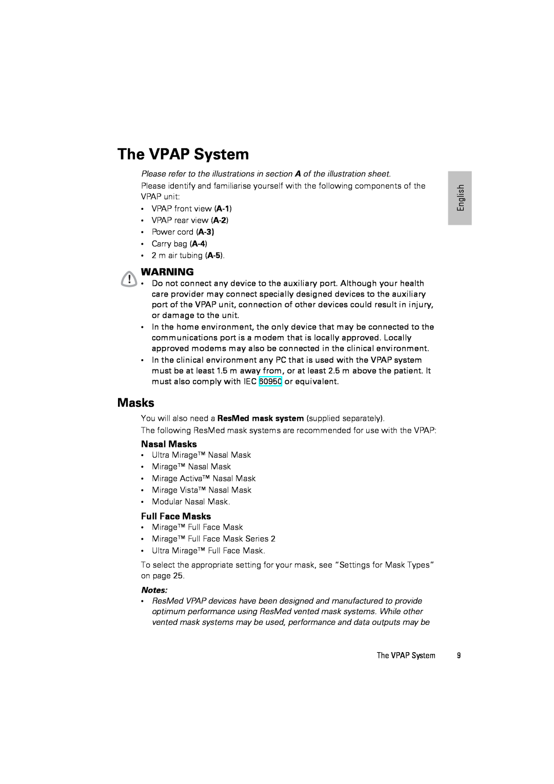 ResMed III & III ST user manual The VPAP System, Nasal Masks, Full Face Masks, Notes 