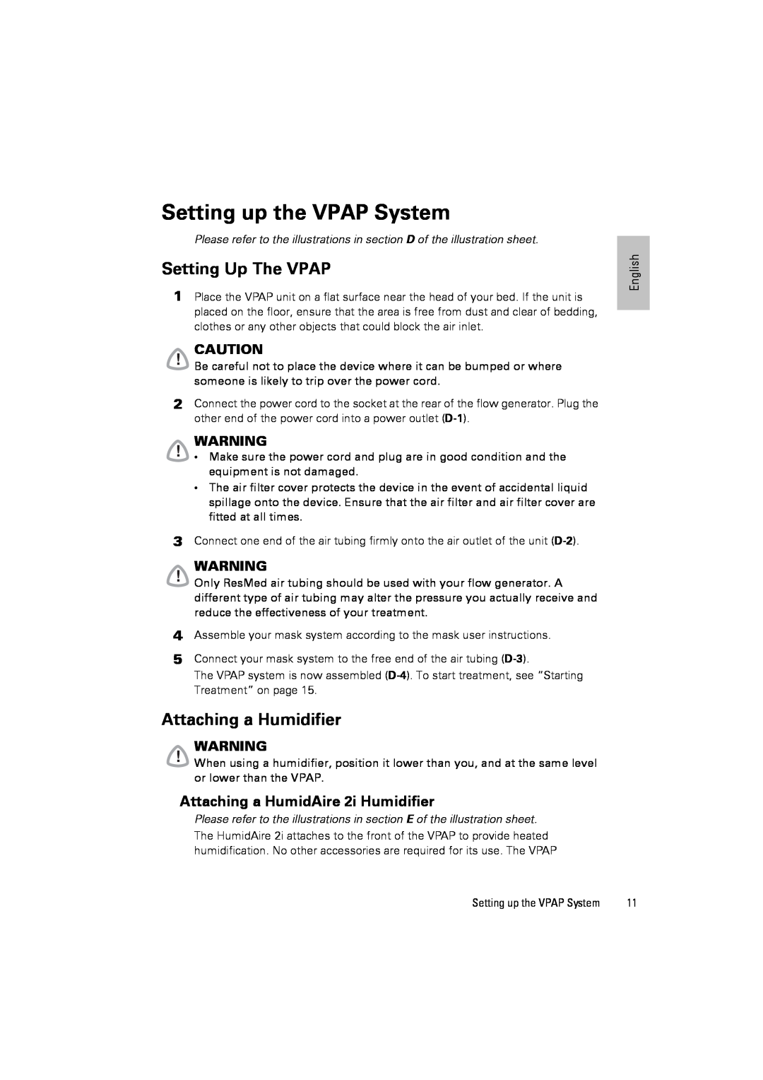 ResMed III & III ST user manual Setting up the VPAP System, Setting Up The VPAP, Attaching a Humidifier 