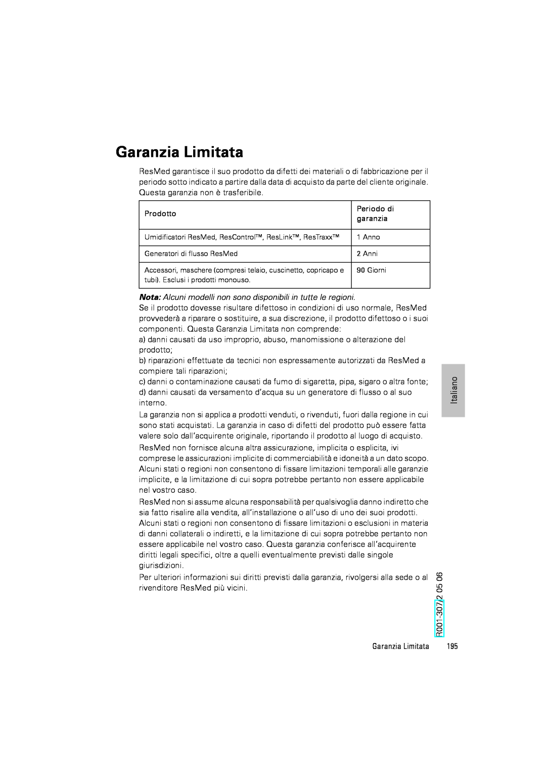 ResMed III & III ST user manual Garanzia Limitata 