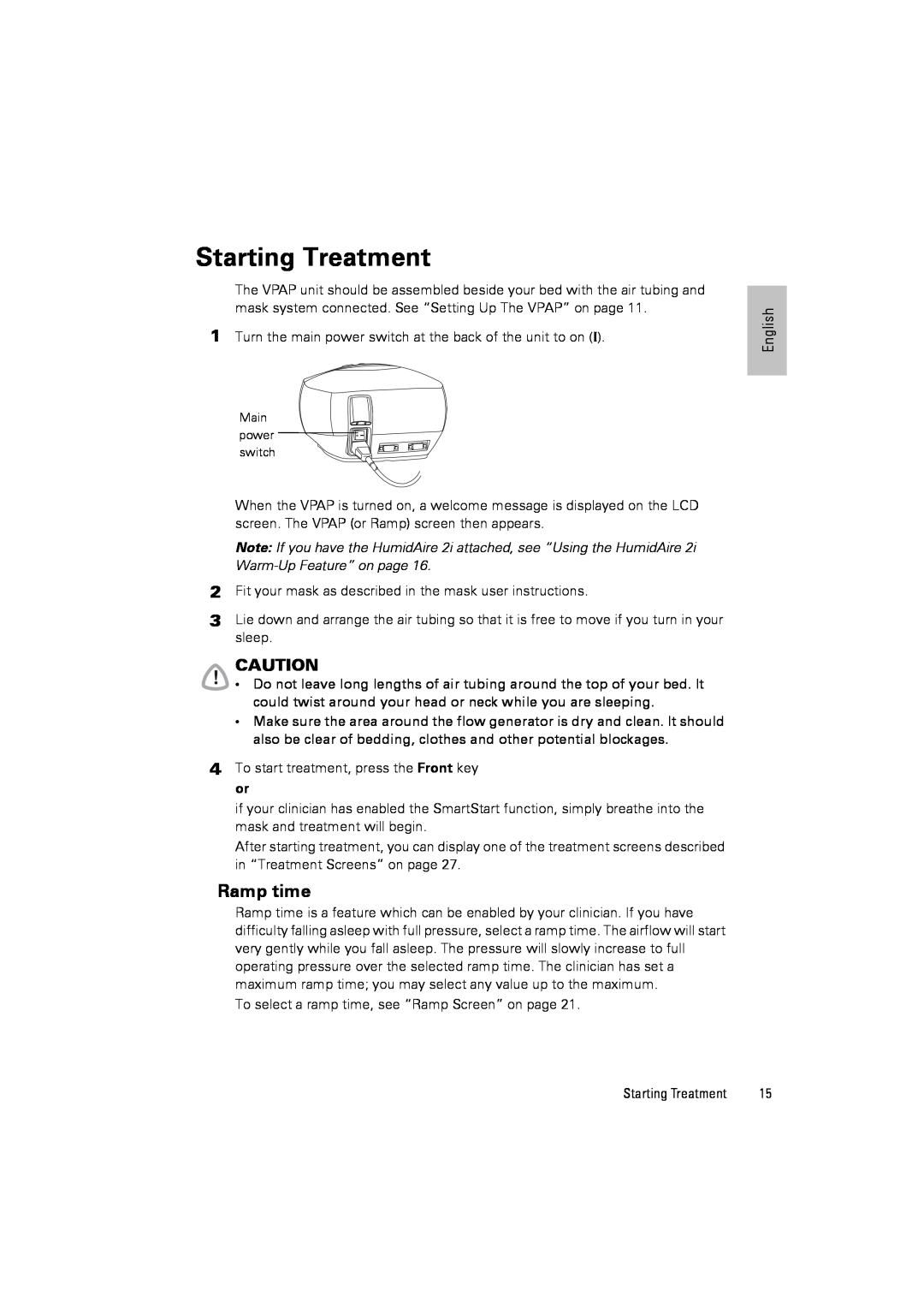 ResMed III & III ST user manual Starting Treatment, Ramp time 