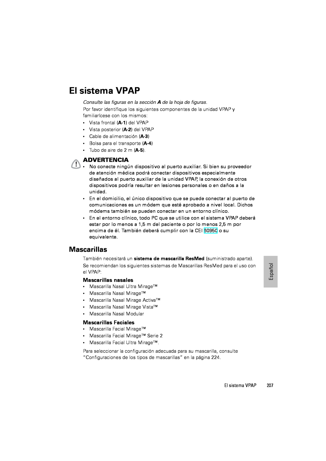 ResMed III & III ST user manual El sistema VPAP, Advertencia, Mascarillas nasales, Mascarillas Faciales 