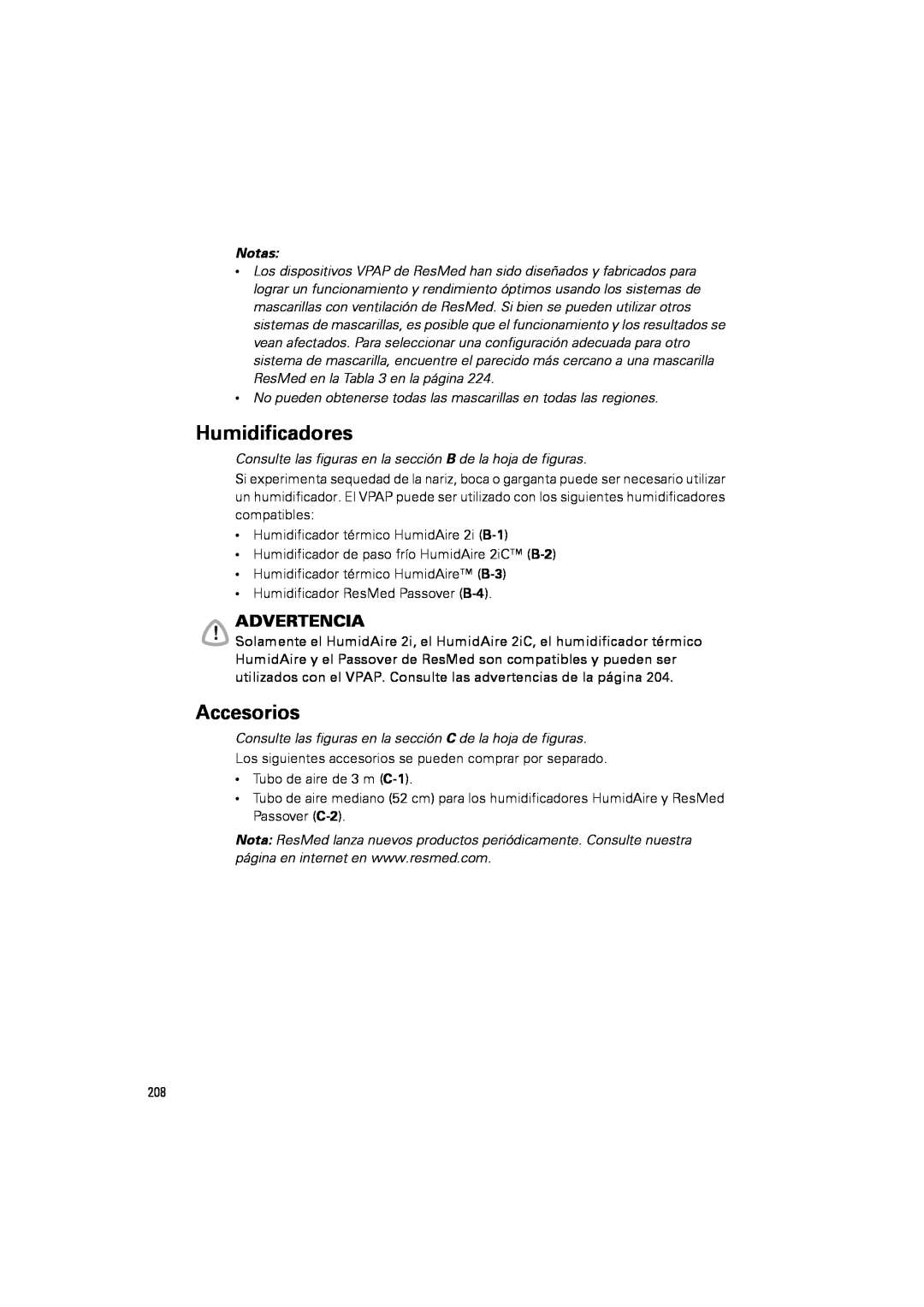 ResMed III & III ST user manual Humidificadores, Accesorios, Advertencia, Notas 