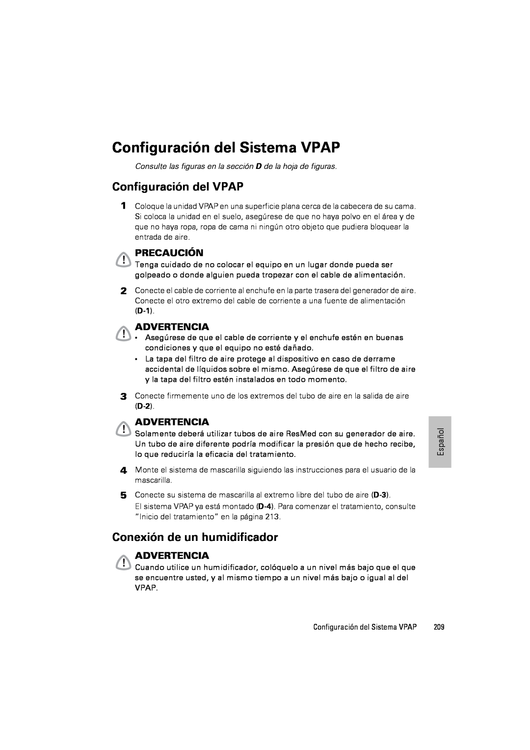ResMed III & III ST Configuración del Sistema VPAP, Configuración del VPAP, Conexión de un humidificador, Precaución 
