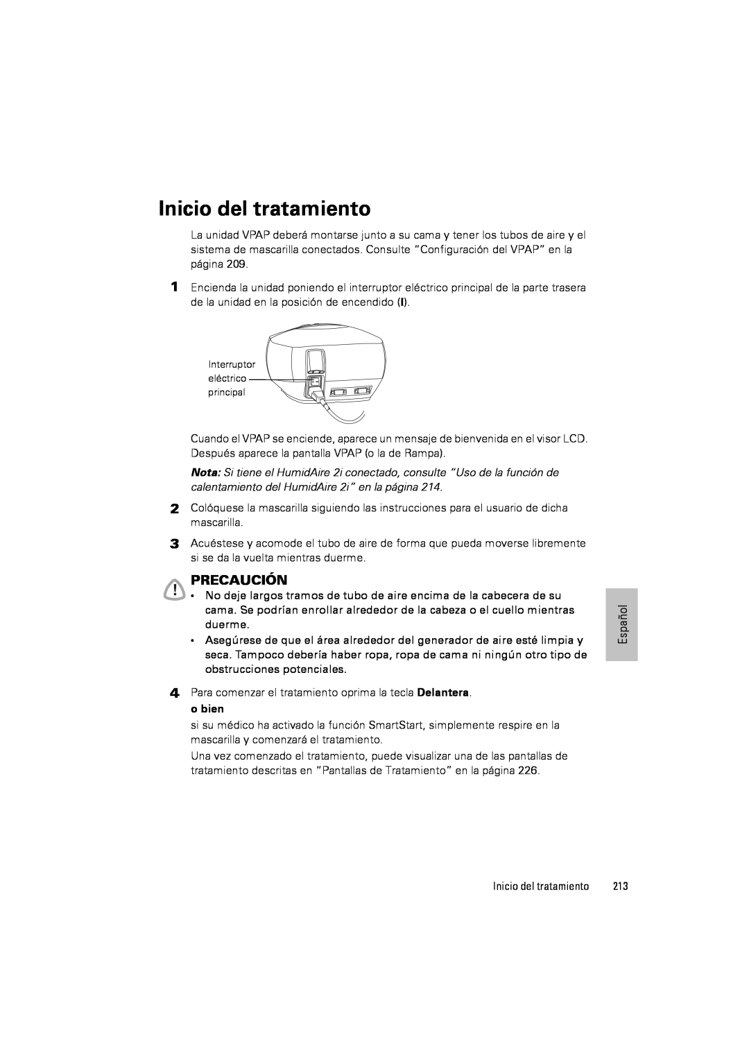 ResMed III & III ST user manual Inicio del tratamiento, Precaución 