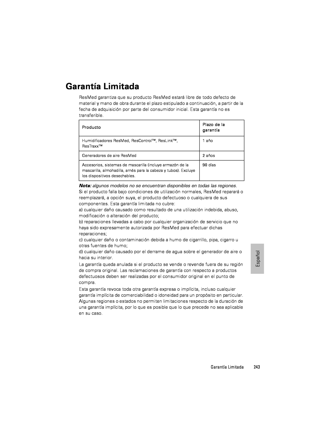 ResMed III & III ST user manual Garantía Limitada 
