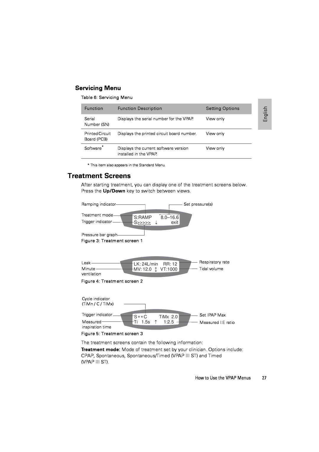 ResMed III & III ST user manual Treatment Screens, Servicing Menu 