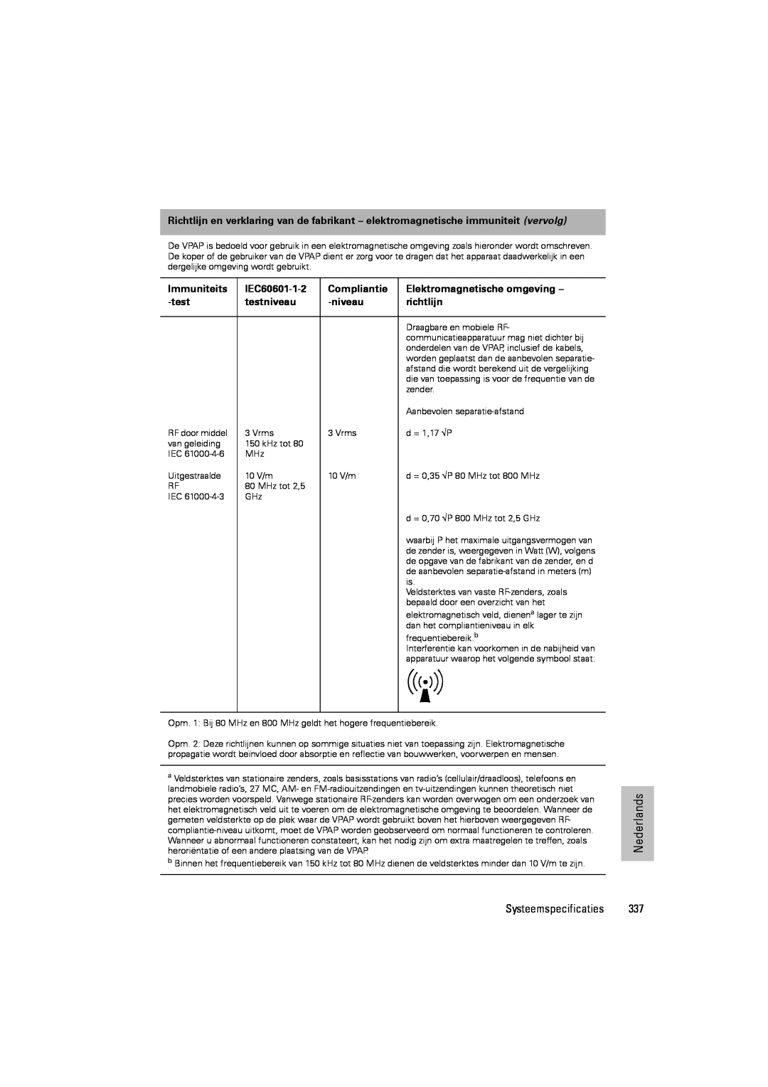 ResMed III & III ST Immuniteits, IEC60601-1-2, Compliantie, Elektromagnetische omgeving, testniveau, richtlijn 