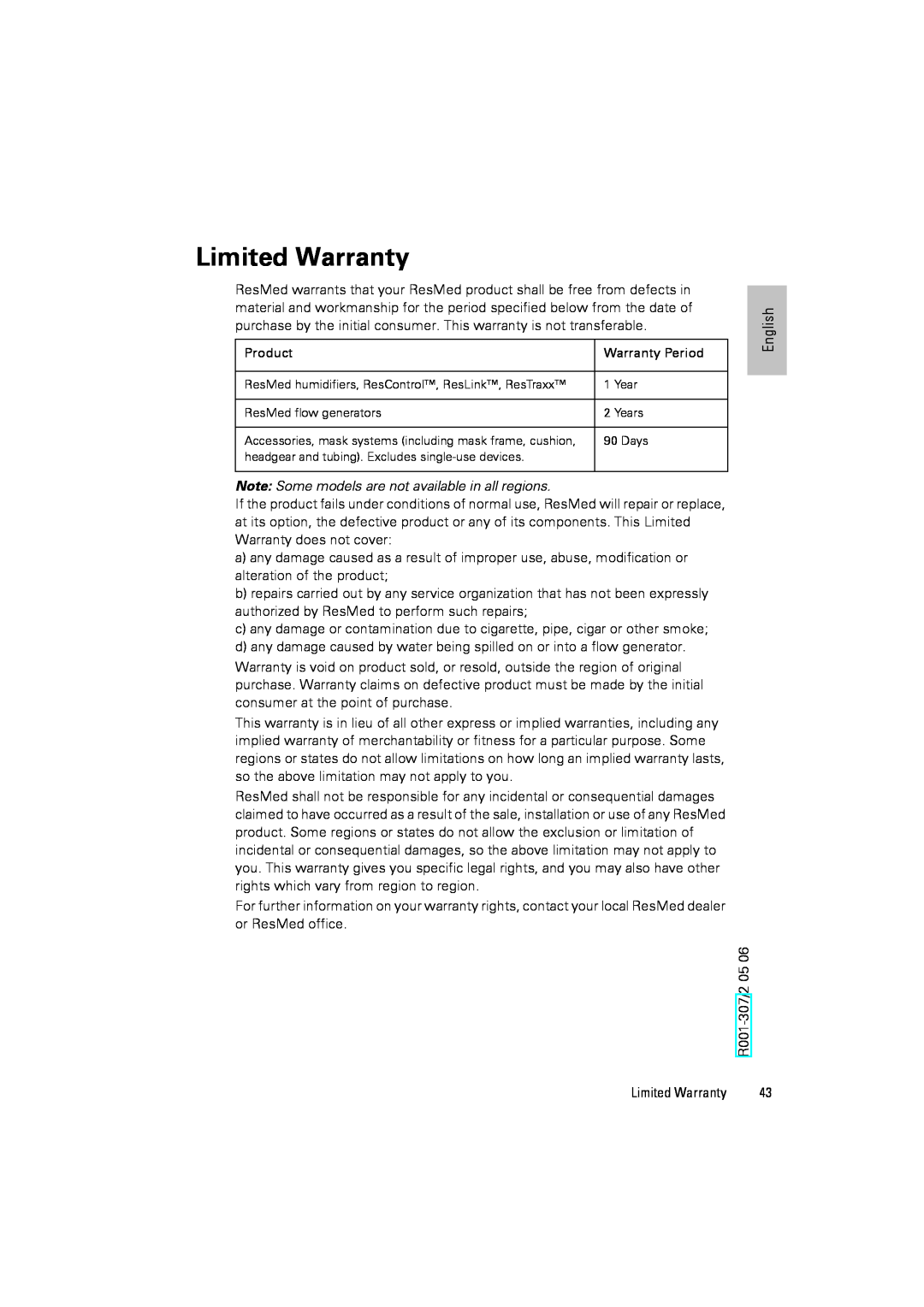 ResMed III & III ST user manual Limited Warranty 