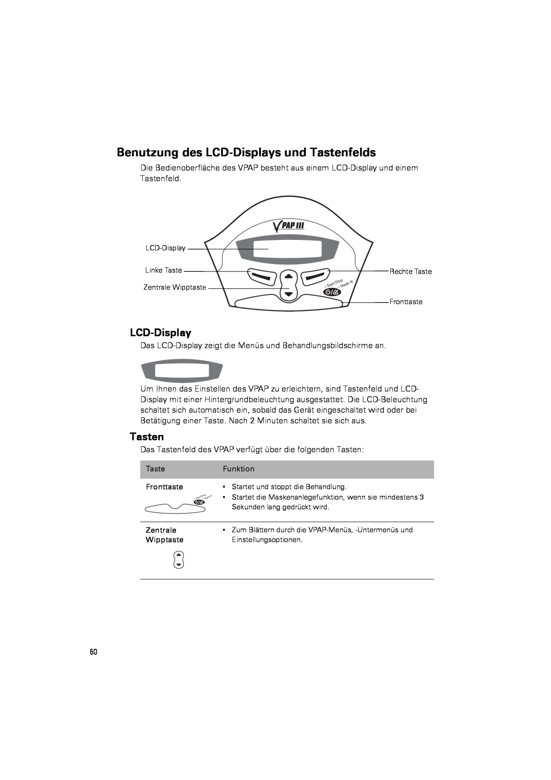 ResMed III & III ST user manual Benutzung des LCD-Displaysund Tastenfelds 