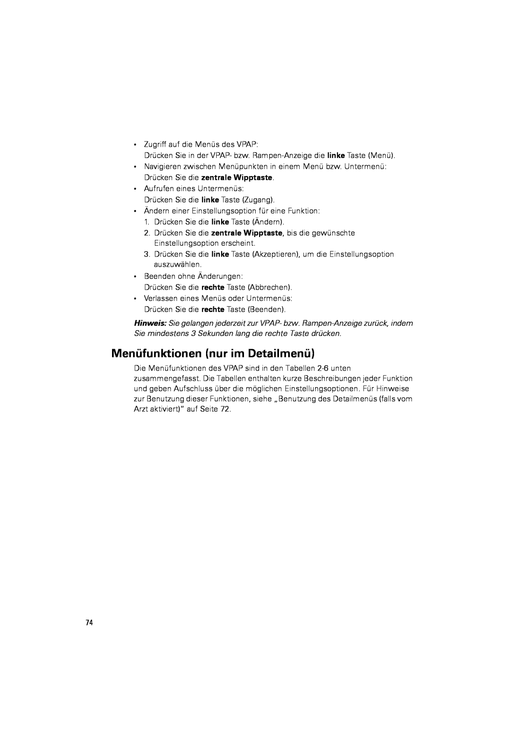 ResMed III & III ST user manual Menüfunktionen nur im Detailmenü 