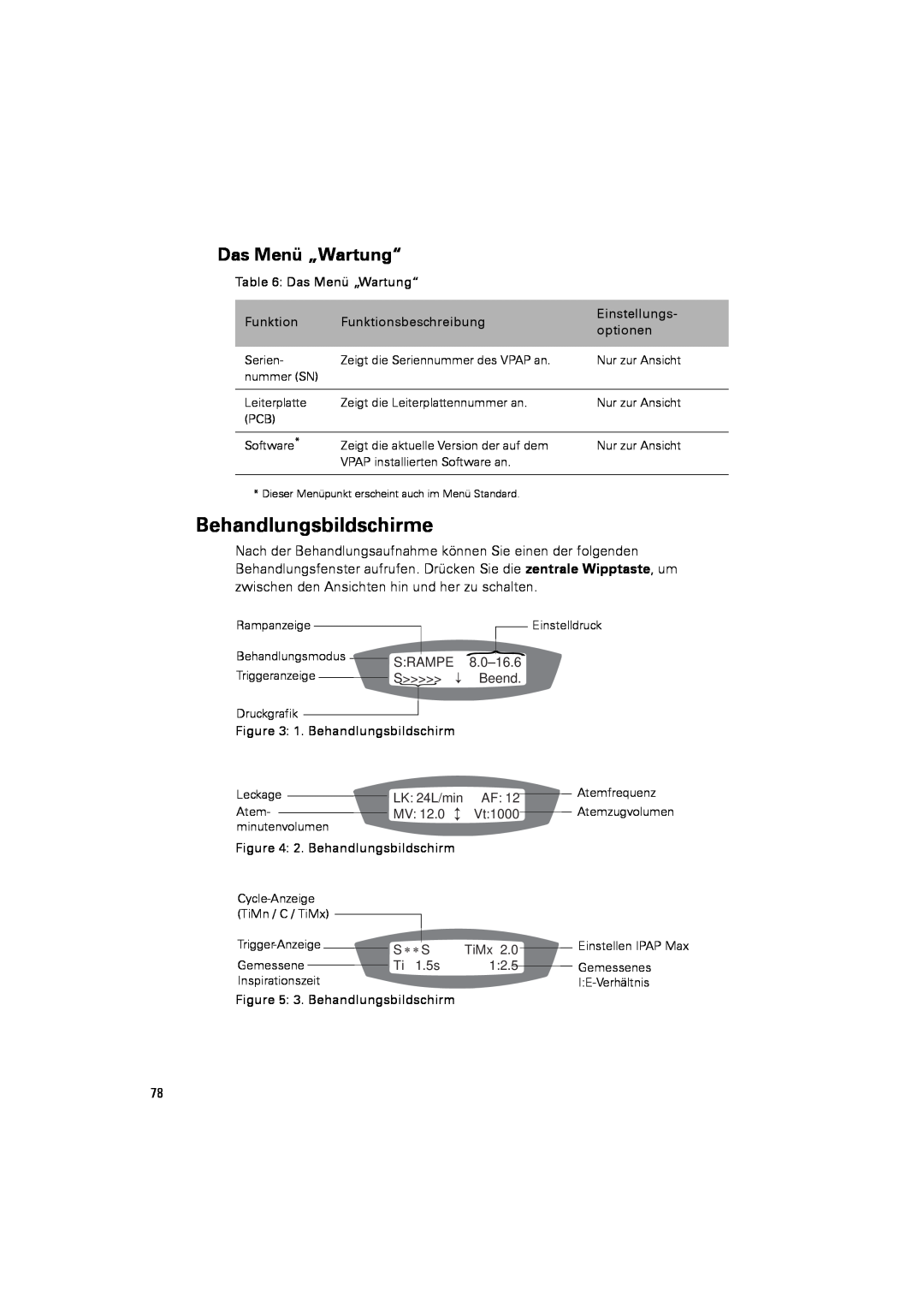 ResMed III & III ST user manual Behandlungsbildschirme, Das Menü „Wartung“ 