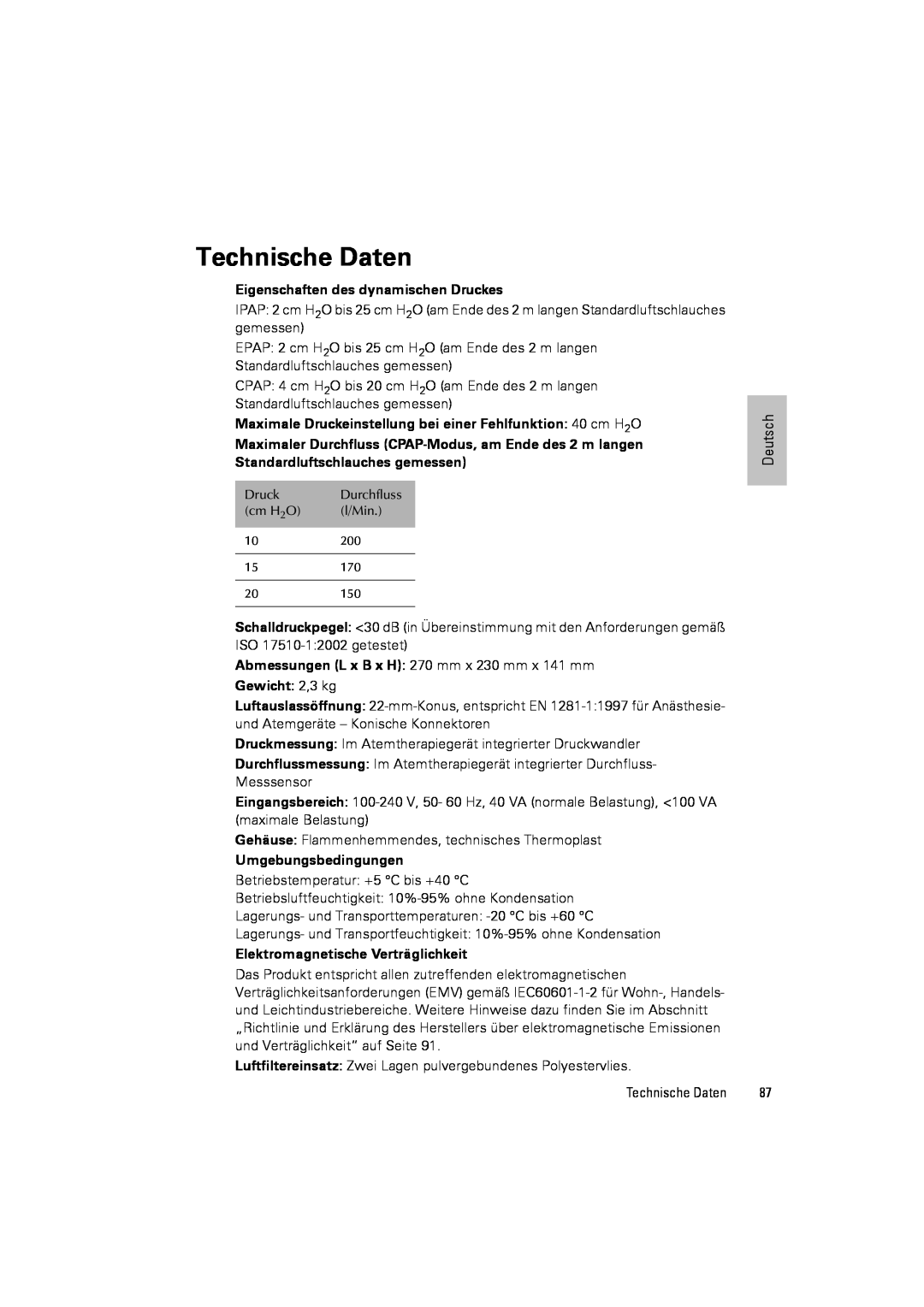 ResMed III & III ST user manual Technische Daten, Eigenschaften des dynamischen Druckes, Gewicht: 2,3 kg 