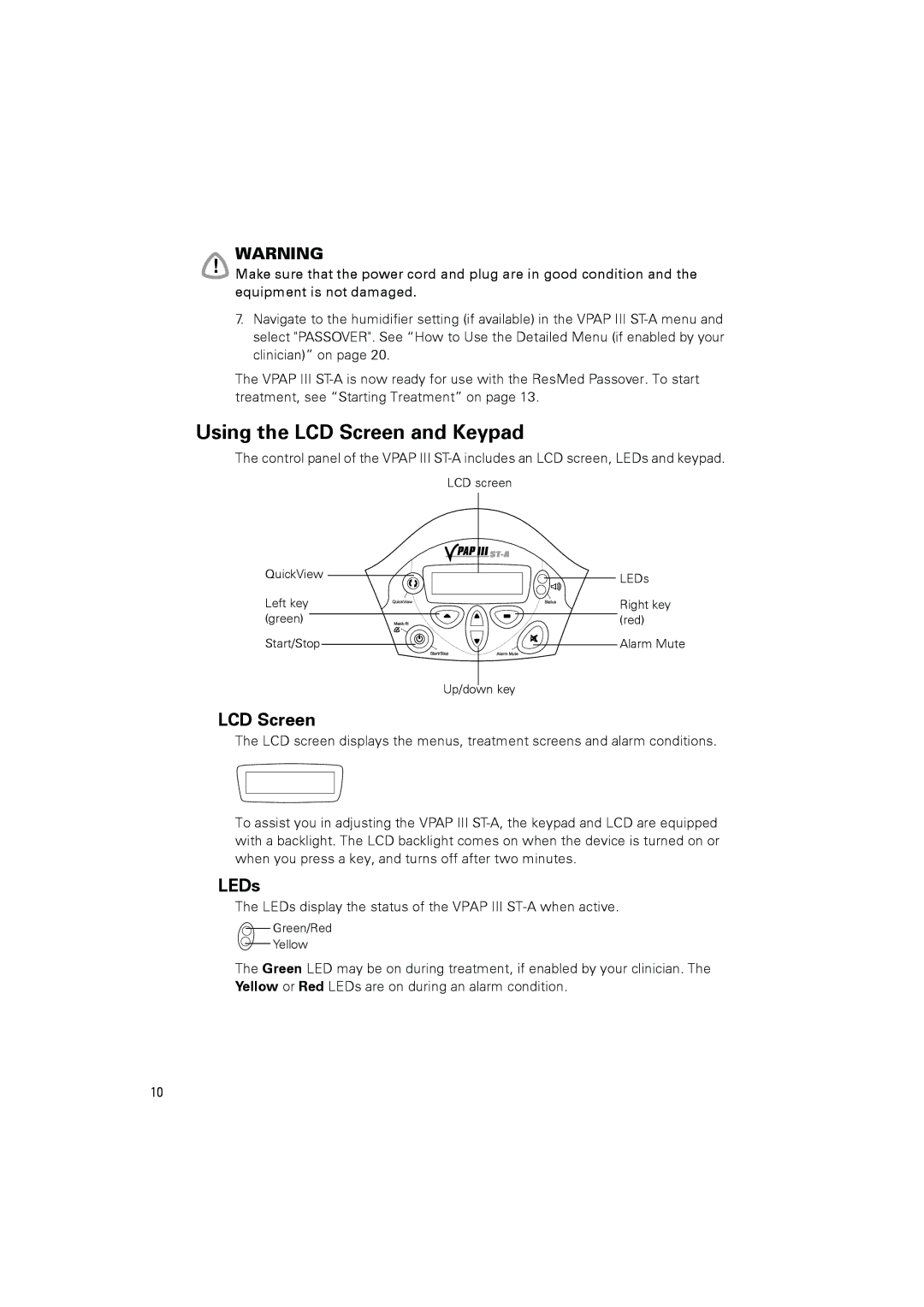 ResMed III ST-A user manual Using the LCD Screen and Keypad, LEDs 