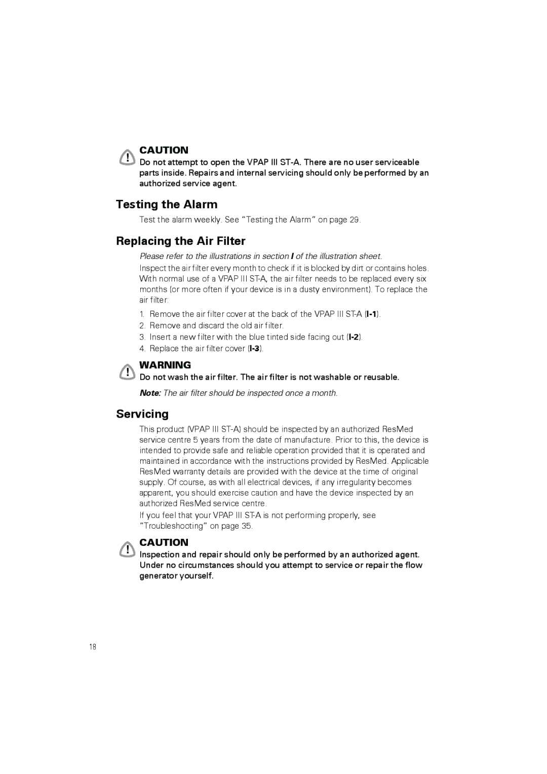 ResMed III ST-A user manual Testing the Alarm, Replacing the Air Filter, Servicing 