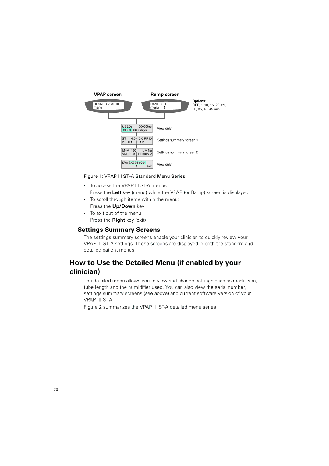 ResMed III ST-A user manual How to Use the Detailed Menu if enabled by your clinician, Settings Summary Screens 