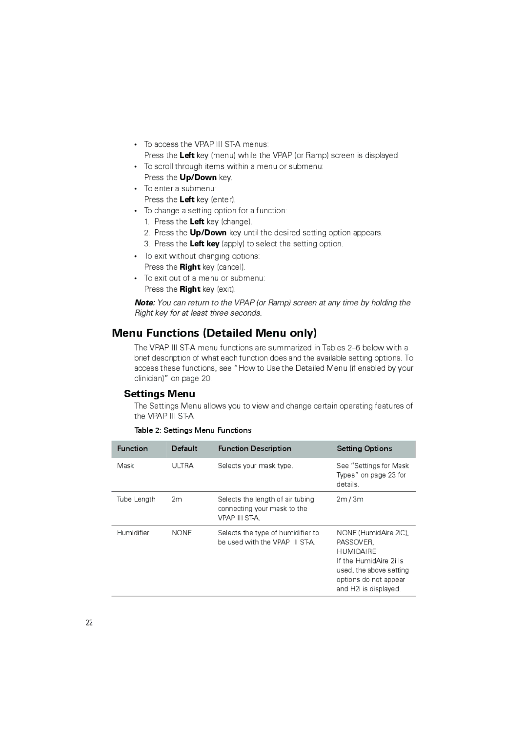 ResMed III ST-A user manual Menu Functions Detailed Menu only, Settings Menu 