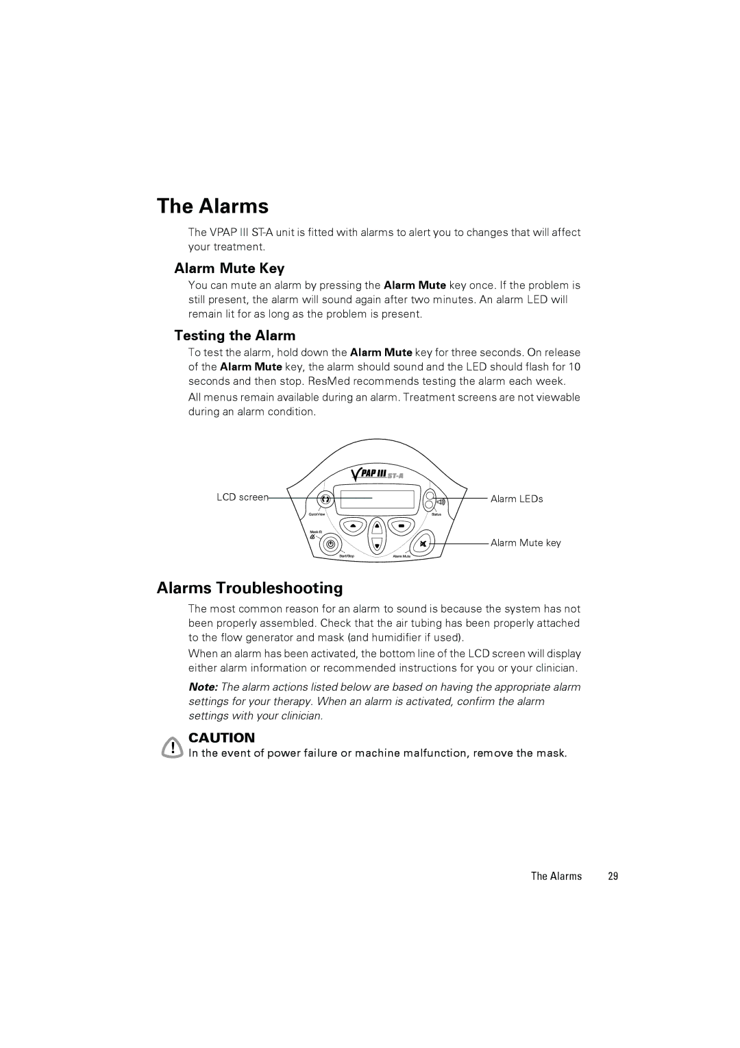 ResMed III ST-A user manual Alarms Troubleshooting, Alarm Mute Key, Testing the Alarm 