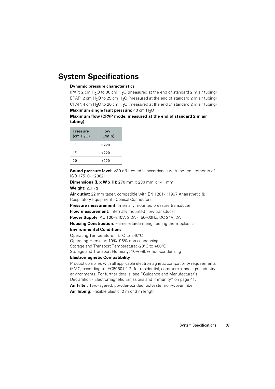 ResMed III ST-A user manual System Specifications, Dynamic pressure characteristics 