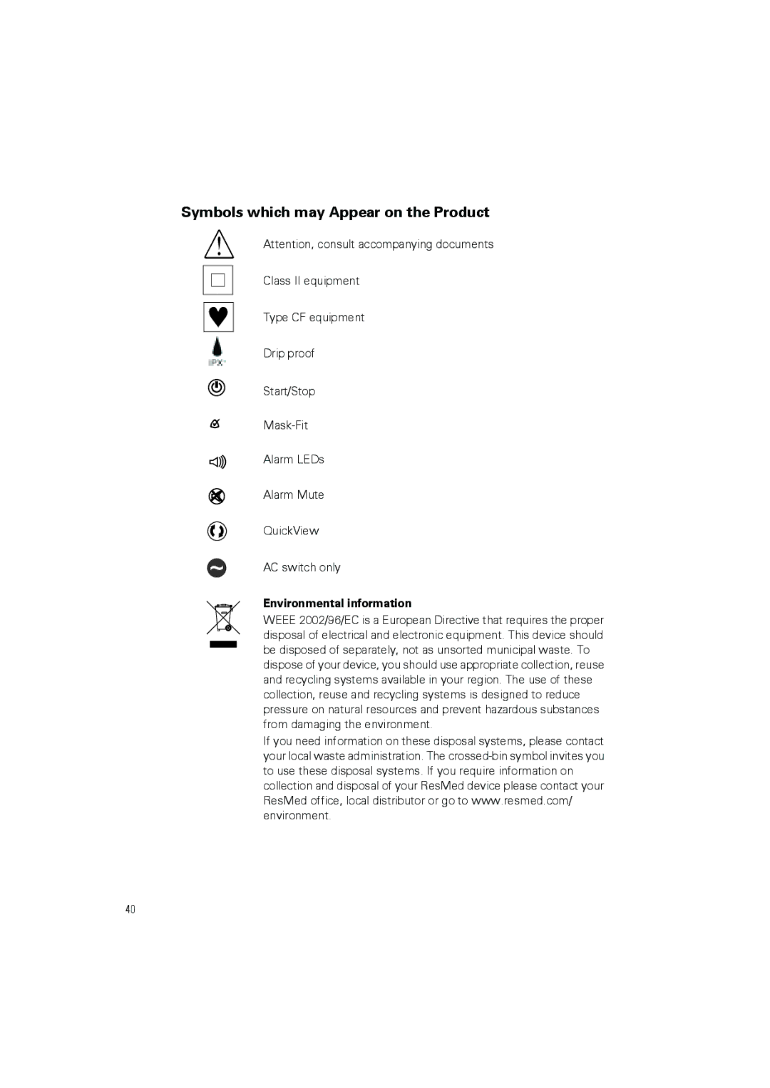 ResMed III ST-A user manual Symbols which may Appear on the Product, Environmental information 