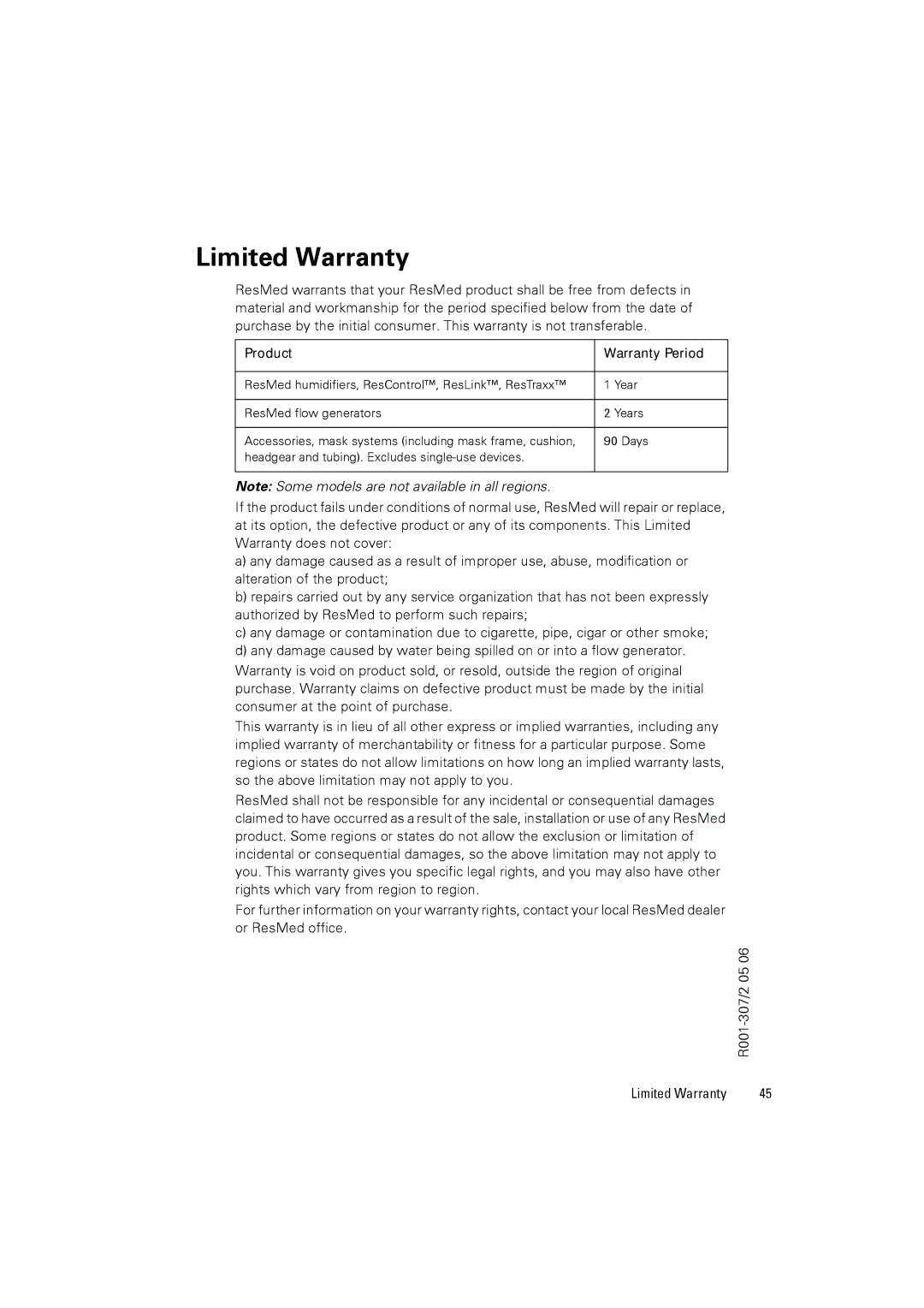 ResMed III ST-A user manual Limited Warranty 