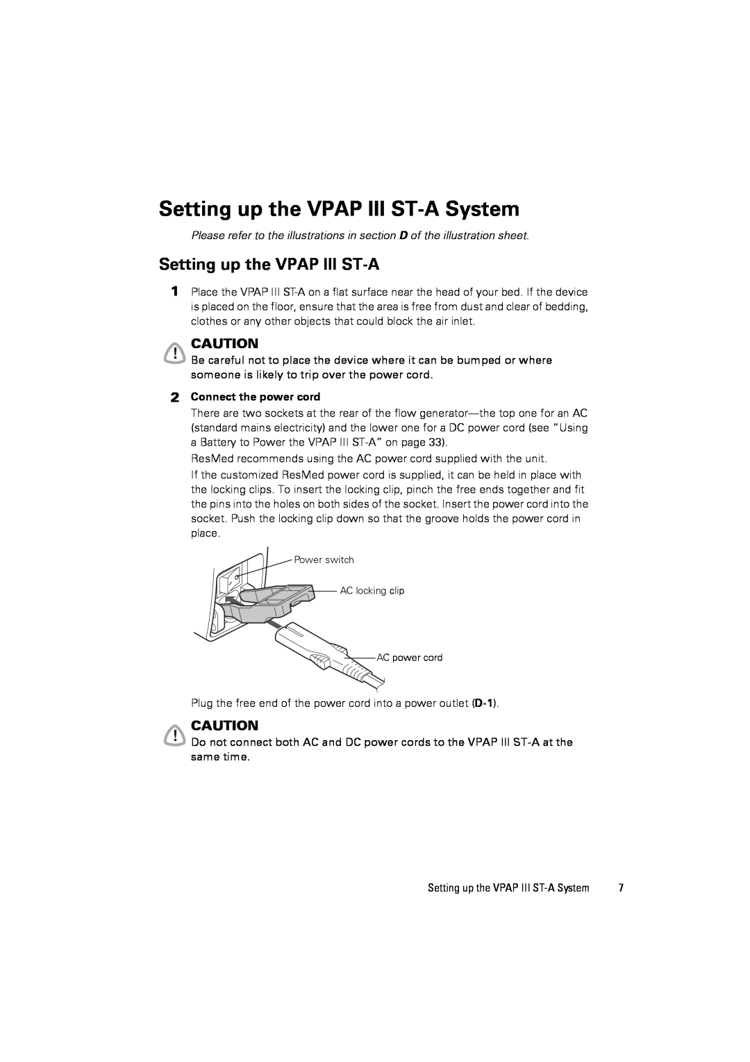 ResMed user manual Setting up the VPAP III ST-ASystem, Connect the power cord 