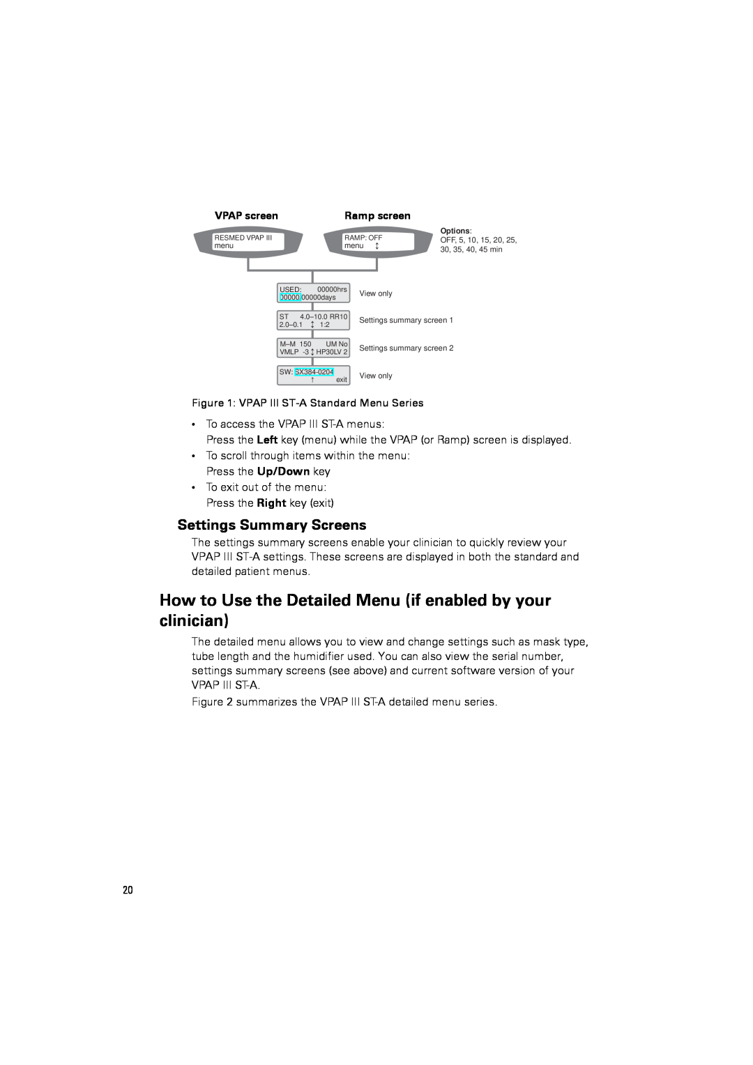 ResMed III ST-A user manual Settings Summary Screens 