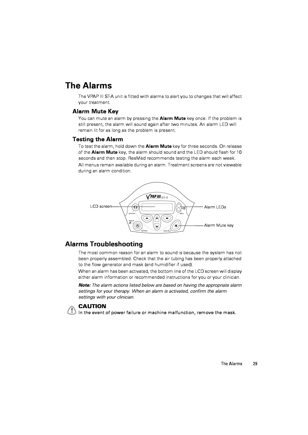 ResMed III ST-A user manual The Alarms, Alarms Troubleshooting, Alarm Mute Key, Testing the Alarm 