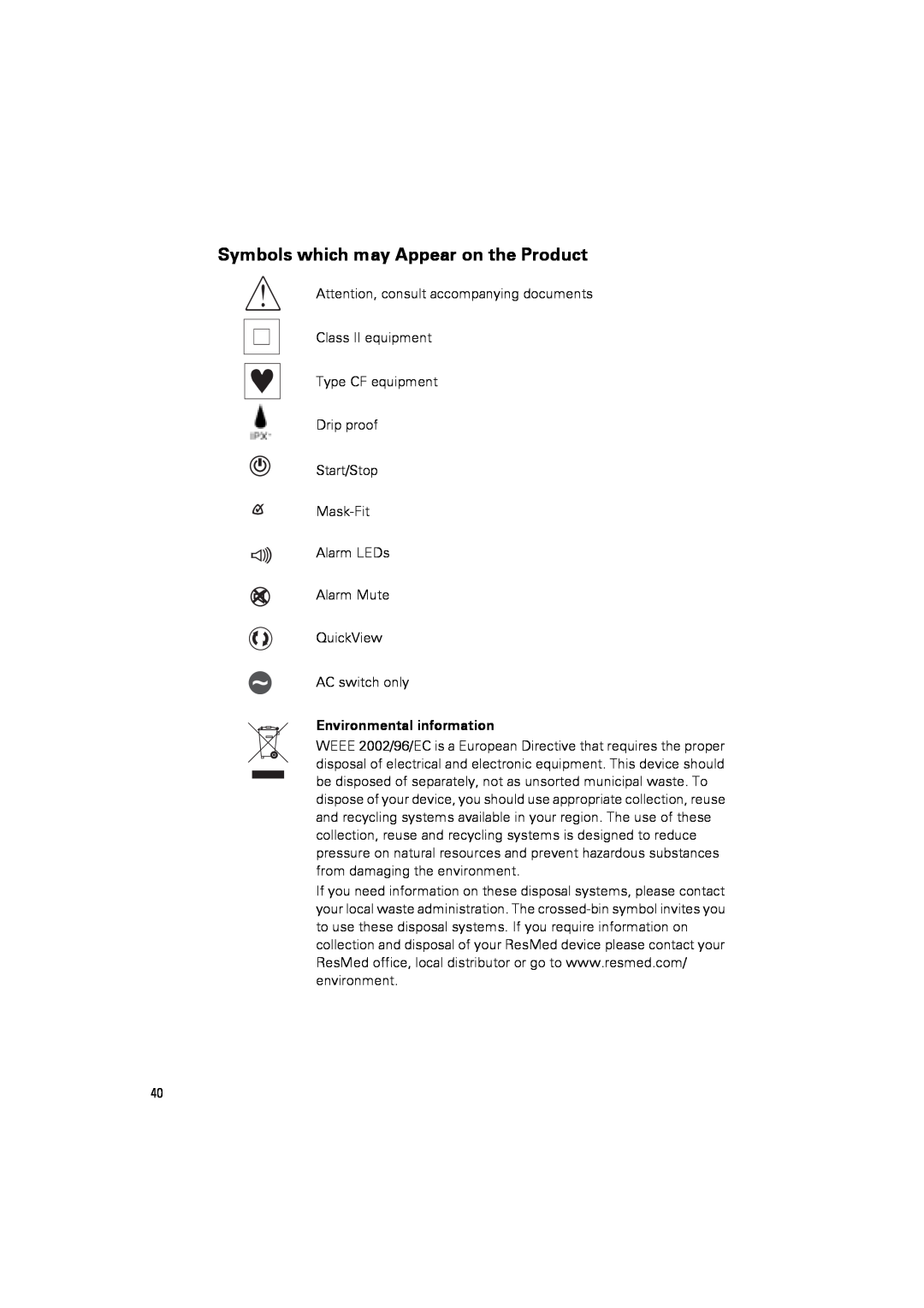 ResMed III ST-A user manual Symbols which may Appear on the Product, Environmental information 