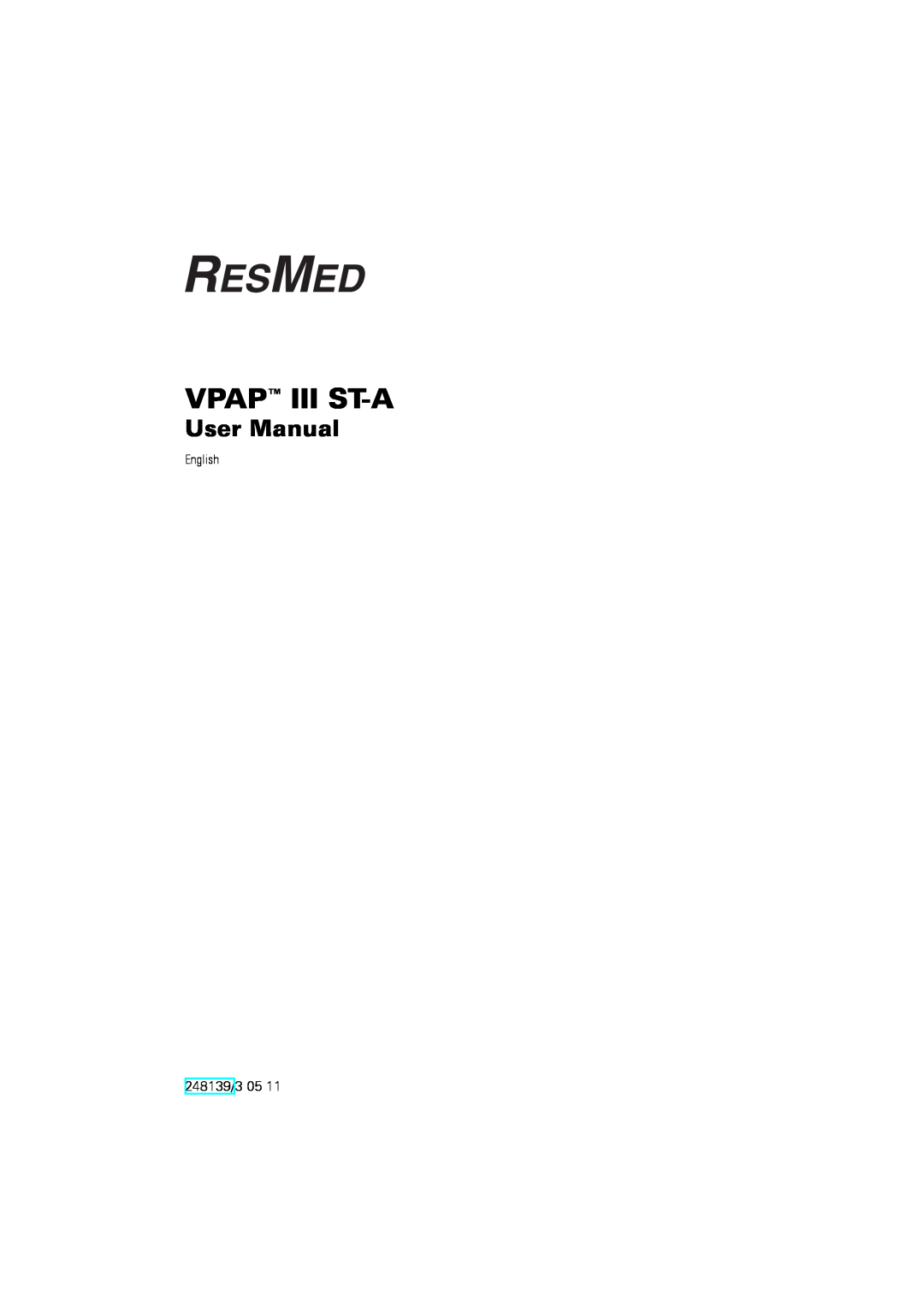 ResMed III ST-A user manual Vpap Iii St-A, 248139/3 