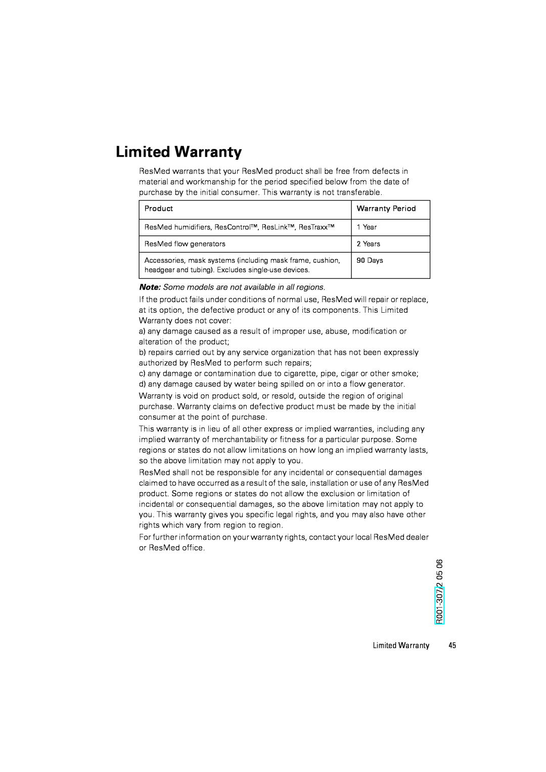 ResMed III ST-A user manual Limited Warranty 