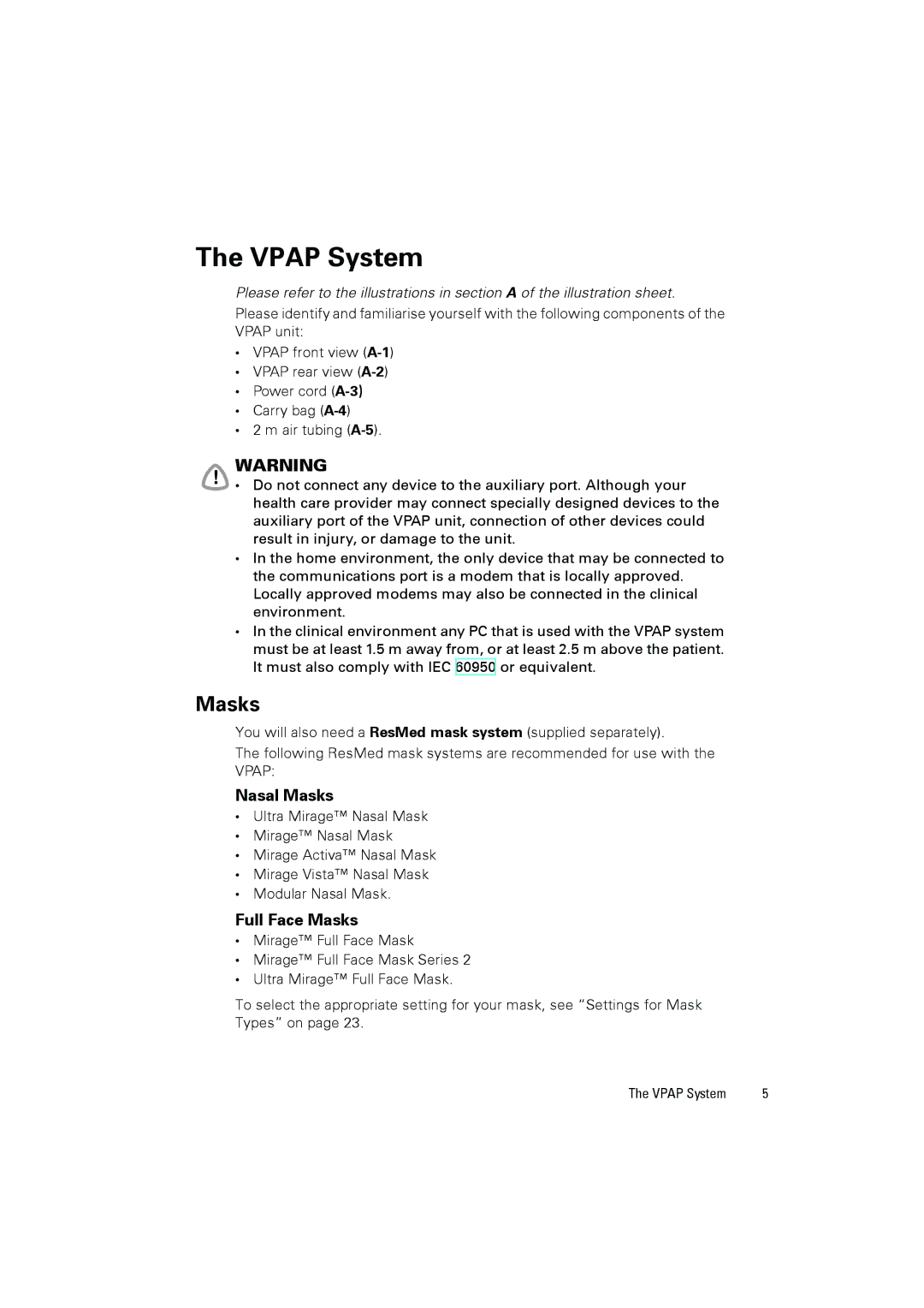 ResMed III user manual Vpap System, Masks 