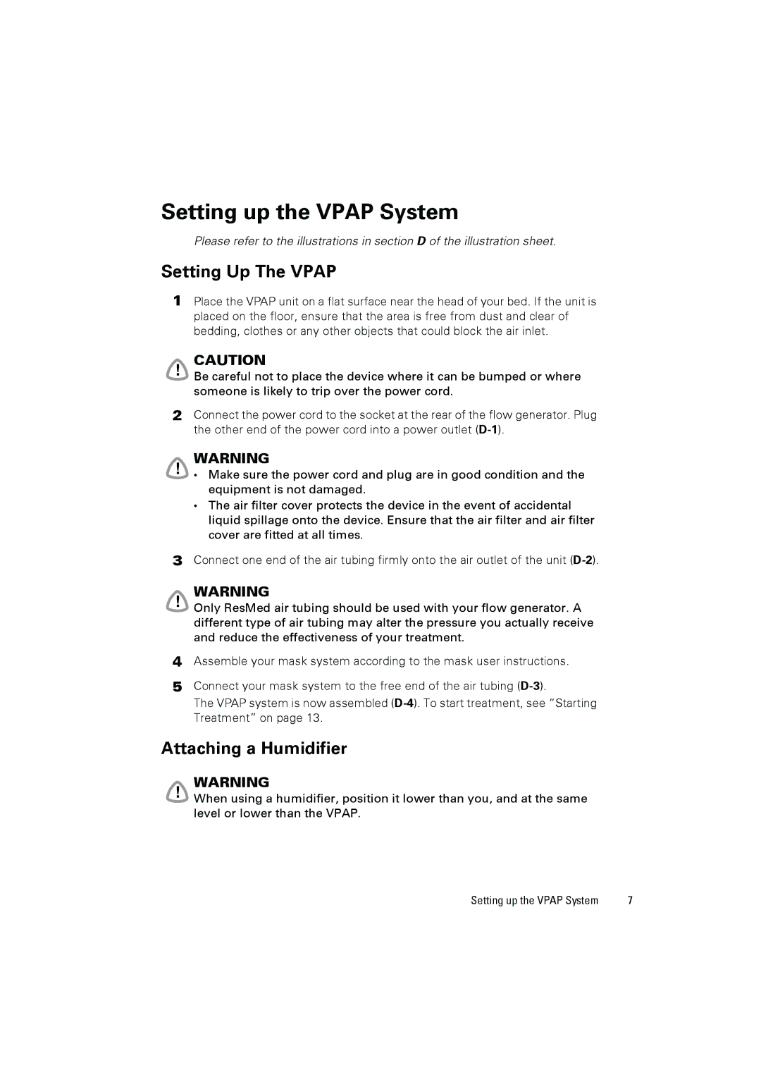 ResMed III user manual Setting up the Vpap System, Setting Up The Vpap, Attaching a Humidifier 