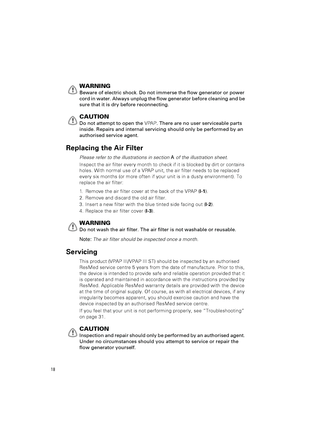 ResMed III user manual Replacing the Air Filter, Servicing 