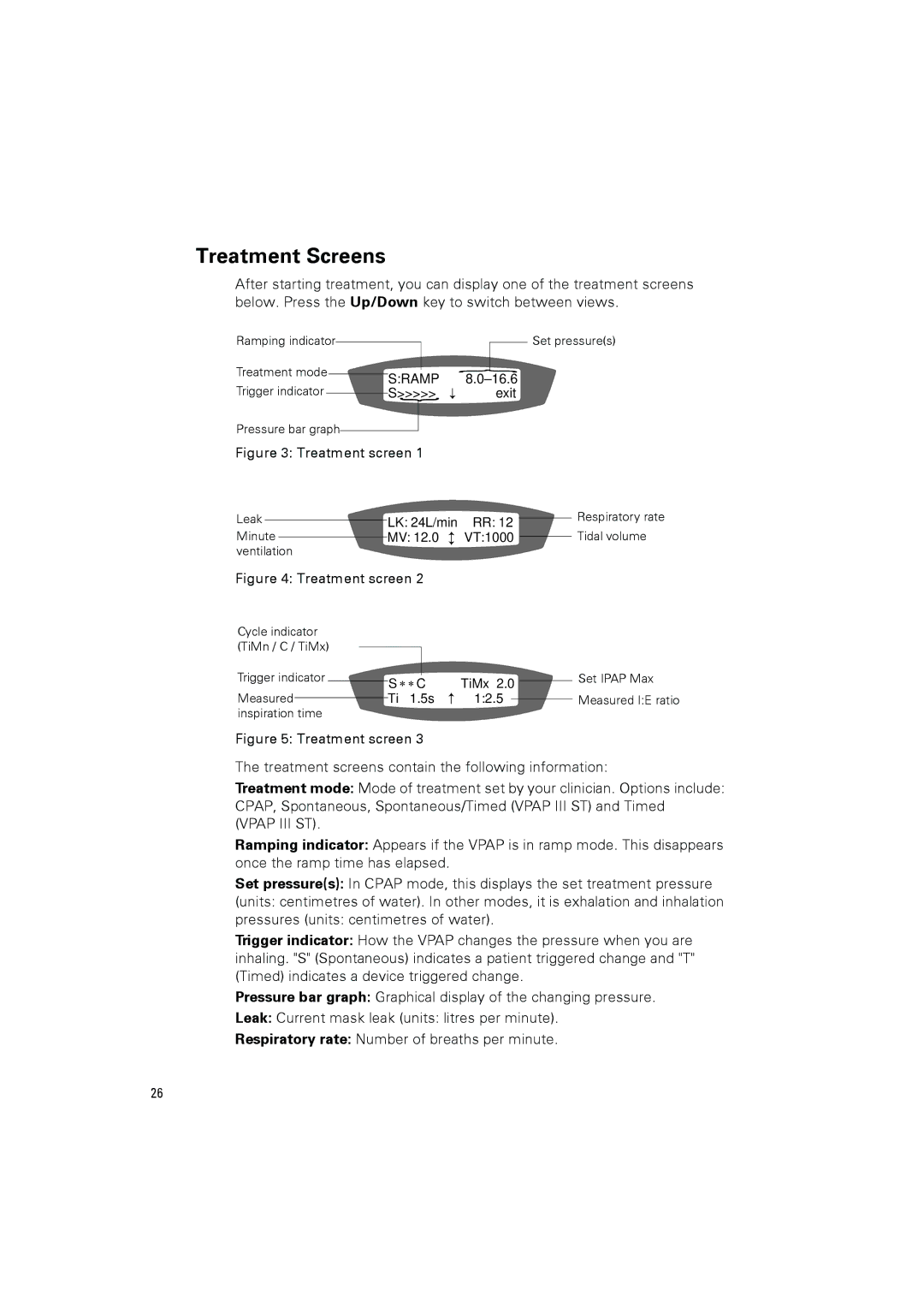 ResMed III user manual Treatment Screens, Treatment screen 