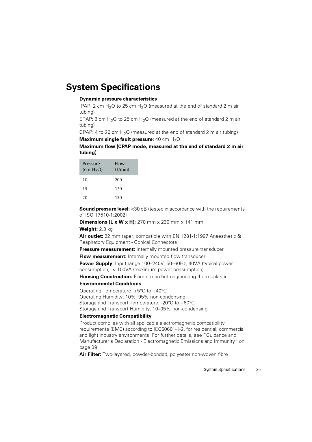 ResMed III user manual System Specifications, Dynamic pressure characteristics 