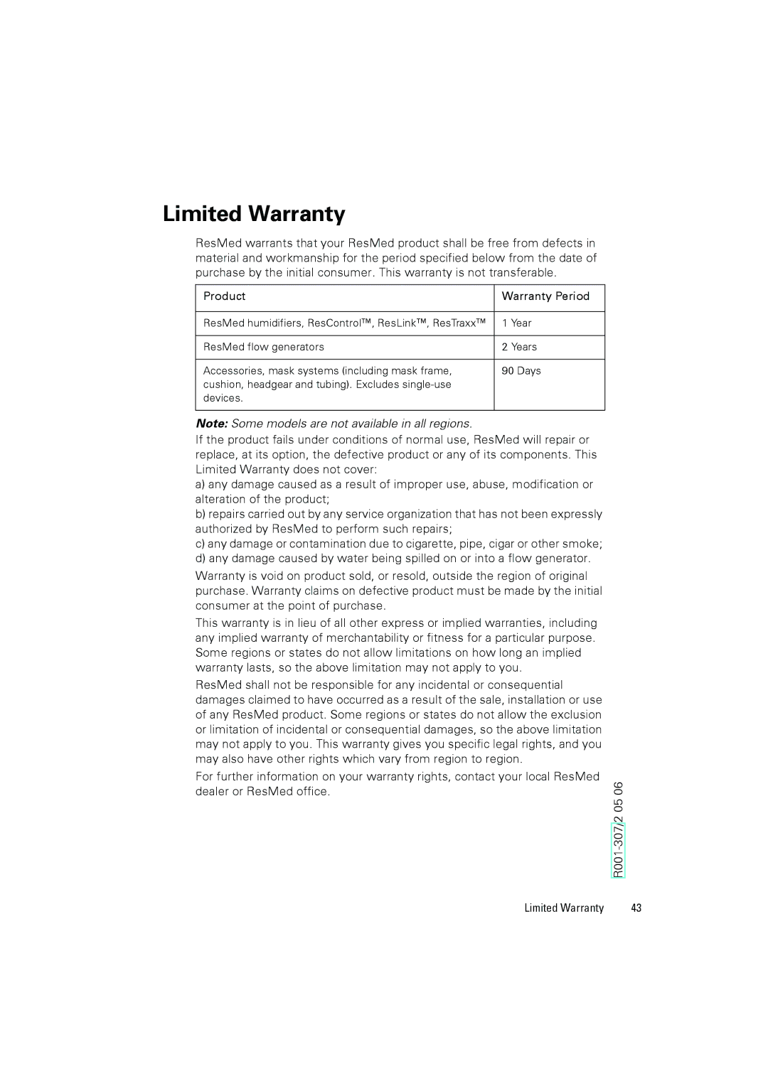 ResMed III user manual Limited Warranty, Product Warranty Period 