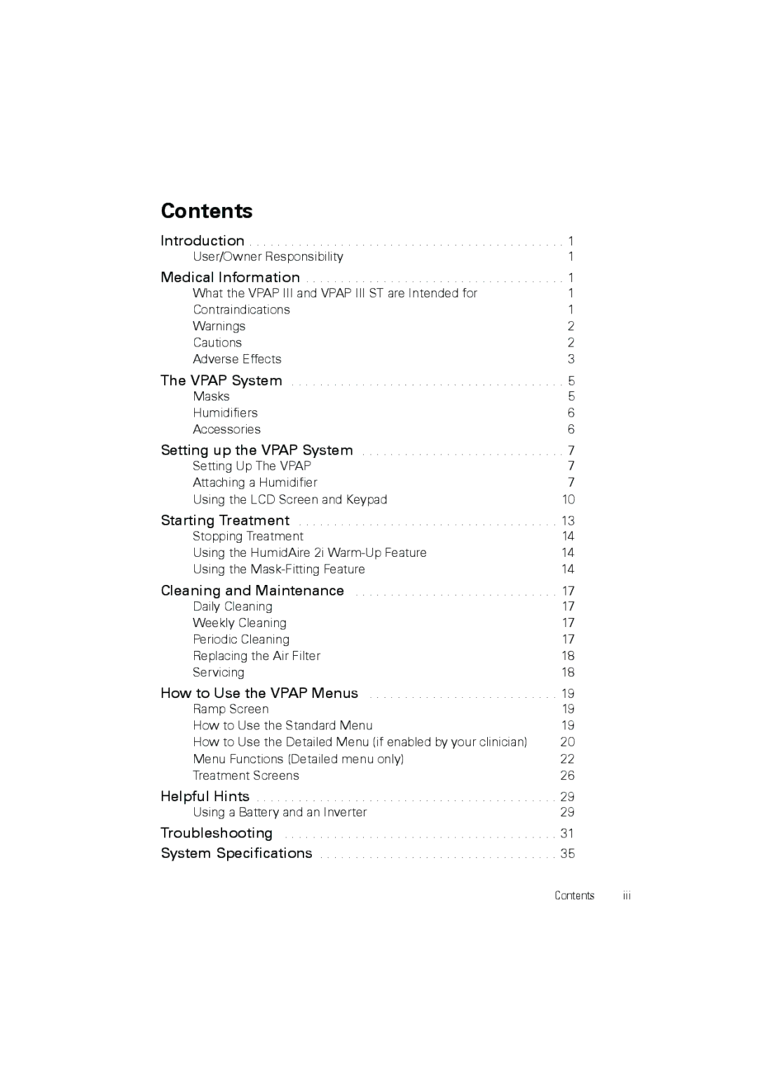 ResMed III user manual Contents 