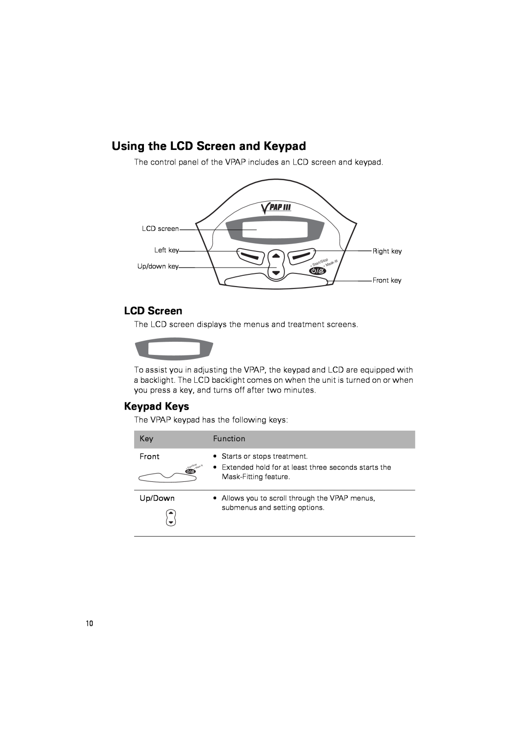 ResMed III user manual Using the LCD Screen and Keypad, Keypad Keys 