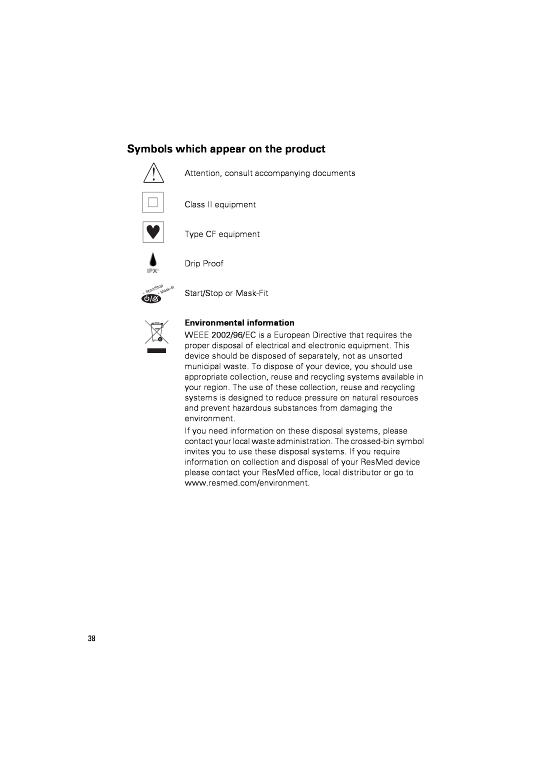 ResMed III user manual Symbols which appear on the product, Environmental information 
